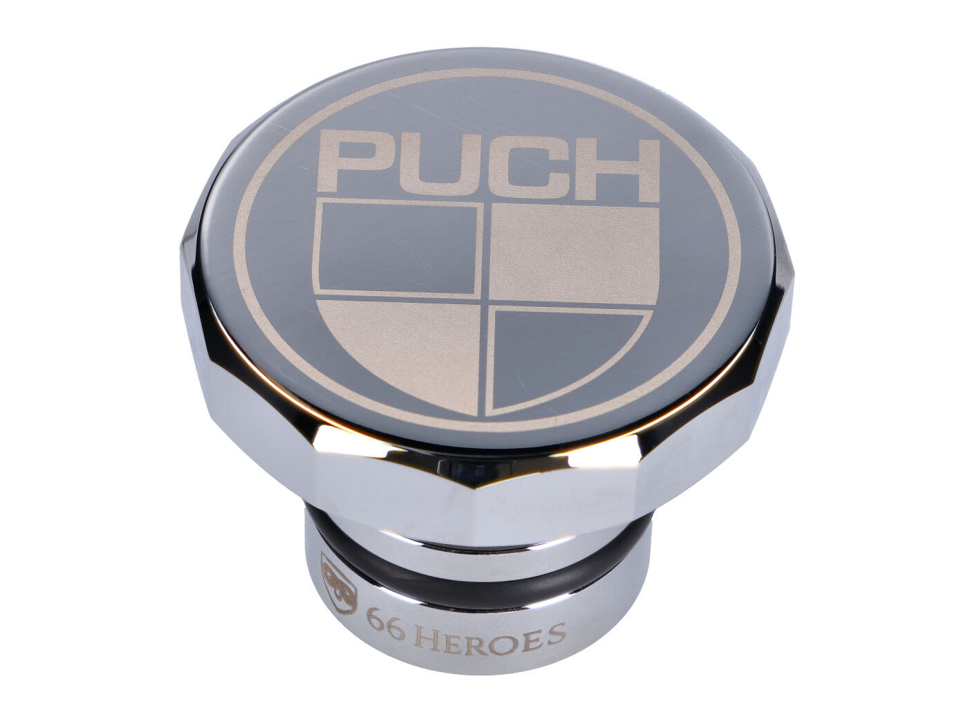 Üzemanyagtöltő sapka 66Heroes alumínium krómozott Puch logóval Puch Maxi S, N modellekhez