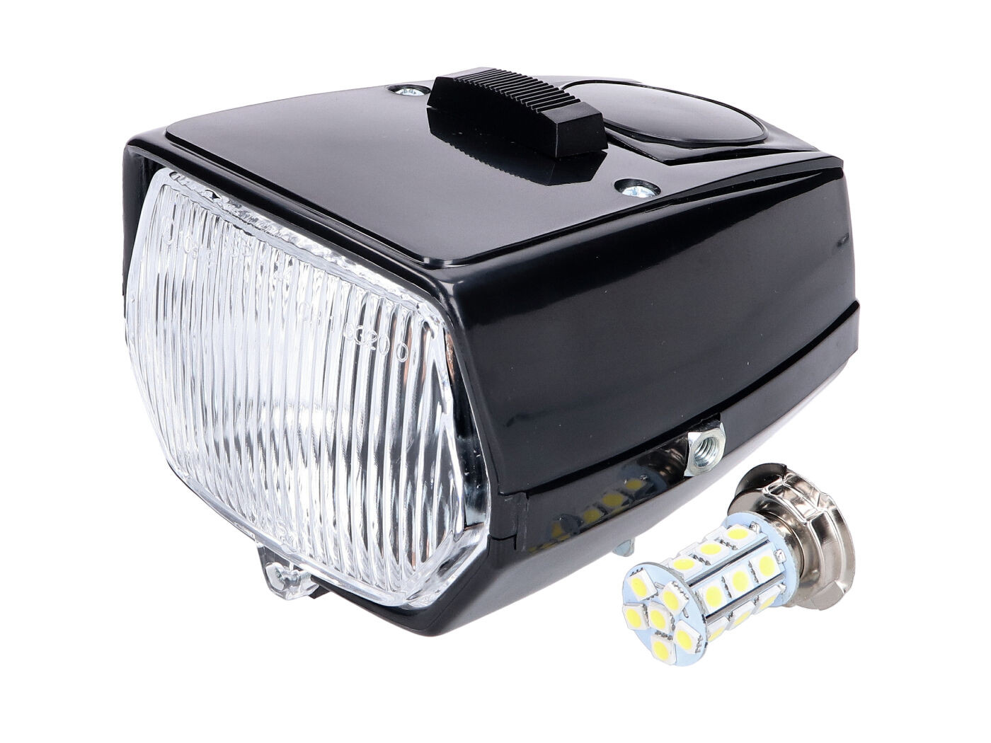 Fényszóró szögletes fekete LED kapcsolóval Puch Maxi mopedhez